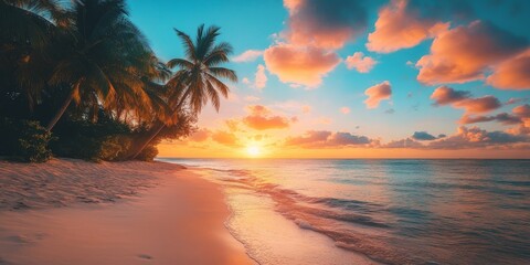 Close up view of sandy beaches showcasing a panoramic beach landscape. This tropical beach scene features a colorful sunset sky, evoking calmness and relaxation ideal for summer vacation vibes.