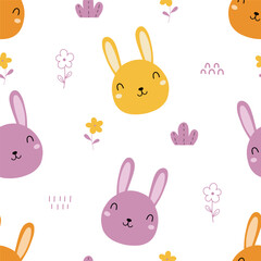 Seamless pattern with cute rabbit and flower for your fabric, children textile, nursery decoration, gift wrap paper, kids bedding.