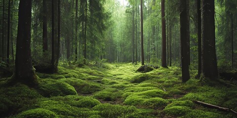 Obraz premium Tranquil Finnish forest scene capturing a silent moment amid lush greenery. This peaceful atmosphere features moss covered ground and has a vintage effect enhancing the serene Finnish forest beauty.