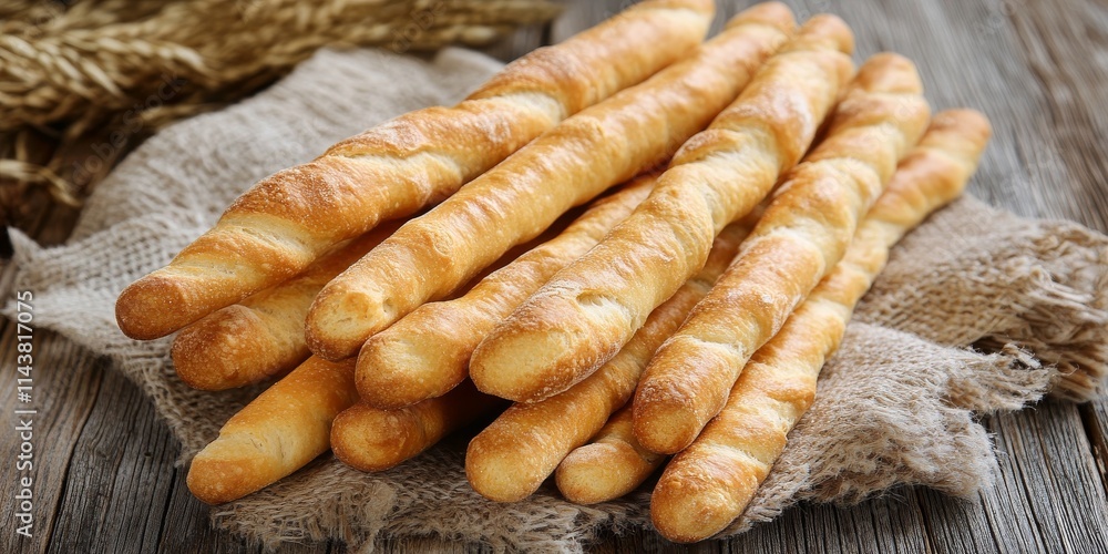 Poster bread sticks arranged on a rustic wooden table, showcasing the delightful appearance of bread sticks