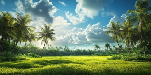Fototapeta premium Nature showcases its beauty with bright and cloudy clouds, creating a stunning natural scenery filled with lush green grass and towering coconut trees, emphasizing the splendor of nature.