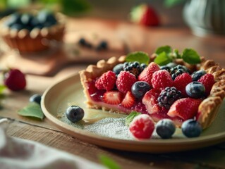 Pie with berries on a plate, emphasizing the homemade quality and taste. Warm indoor setting with natural lighting.