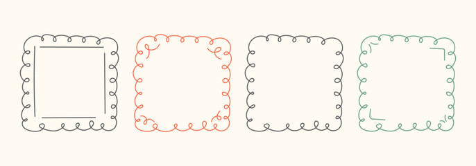 Hand Drawn frame set with doodle squares, ribbons. Whimsical line borders for birthday, christmas, menu, wedding Invitations, photo. Coquette vintage minimal elements in trendy line art style. Vector