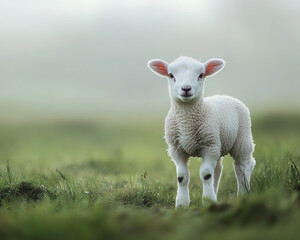 Fototapeta premium Gentle white lamb in a dewy green meadow, hazy background