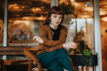 A young woman sits alone, looking thoughtful and introspective in a cozy, modern coffee bar. The atmosphere feels warm, yet contemplative, capturing moments of personal reflection and emotion.