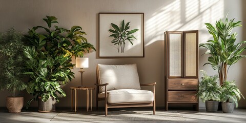 Modern living room interior featuring a cozy armchair, stylish chest of drawers, elegant folding screen, and lush houseplants, creating a warm and inviting atmosphere in the living room.