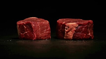 Pieces of red meat placed side by side. Studio lighting.