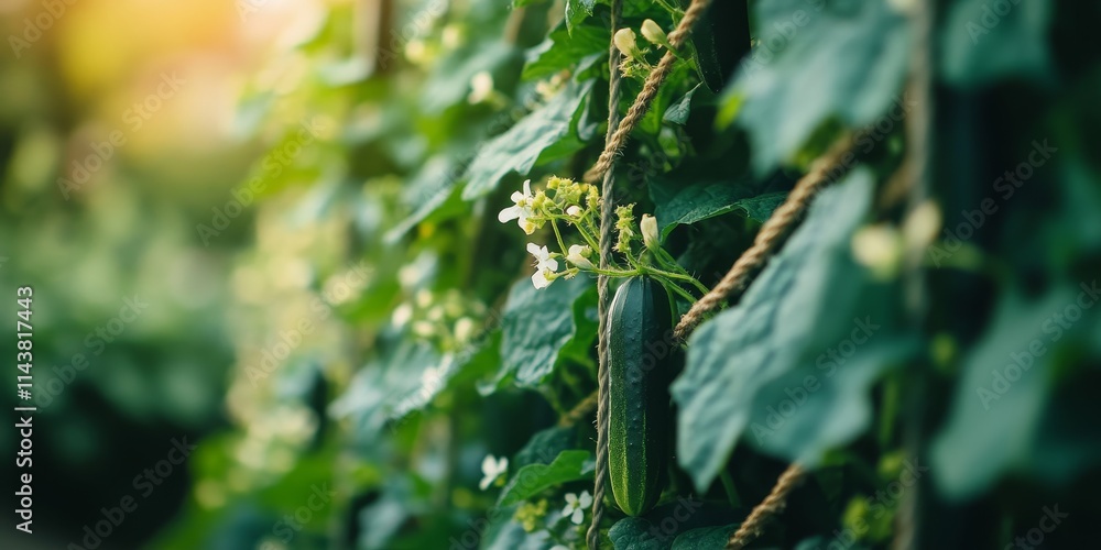 Aufkleber Green branches of cucumbers twist and turn along ropes on a trellis. The thriving cucumbers show delicate blossoms, creating a beautiful garden scene with a shallow depth of field.