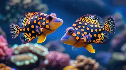 Fototapeta premium A pair of triggerfish gliding above a diverse coral reef structure.