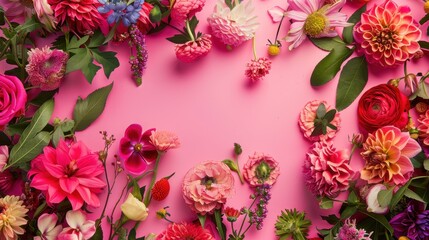 Pink background adorned with lush flowers creating a festive and spring-like atmosphere, vibrant colors.