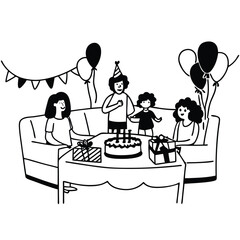 Happy Birthday Party with Cake, Balloons, and Presents