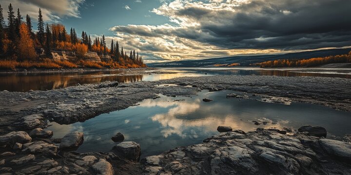Autumn scene of the Athabasca River showcasing low water levels, highlighting the beauty of the river during this seasonal transition. The river s landscape transforms in autumn with lower water