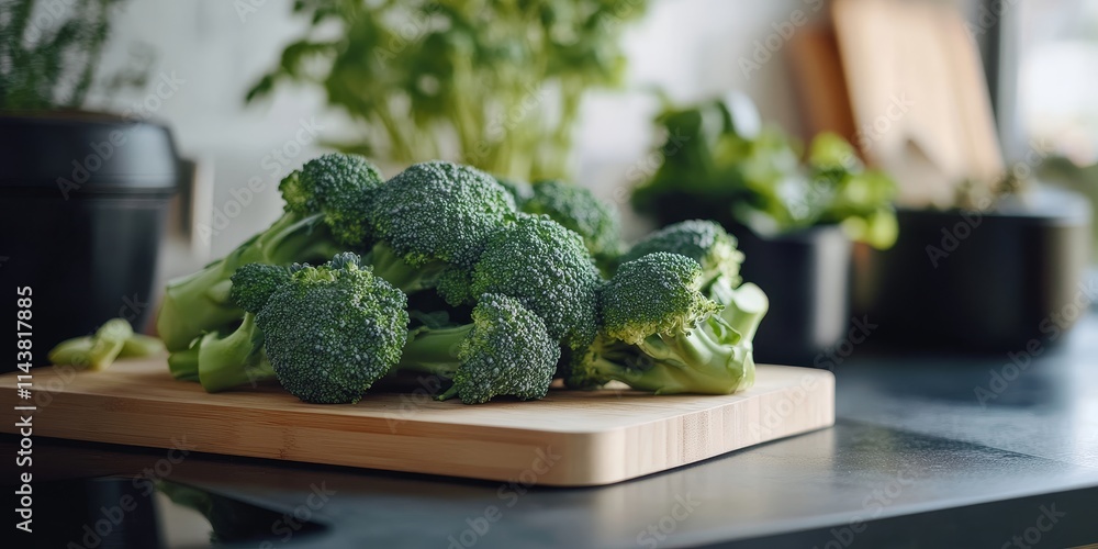 Poster fresh broccoli displayed on a cutting board on a stylish table, showcasing the vibrant colors and he