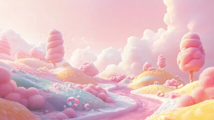 Enchanting Candyland Scene with Pastel Hills, Lollipop Trees, and a Chocolate River