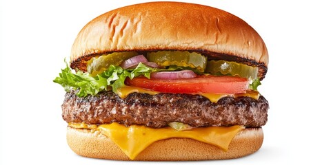 Delicious double cheese burger topped with spicy jalapeno, fresh tomato, and crunchy onion, creating a mouthwatering flavor combination in this tasty double cheese burger delight.