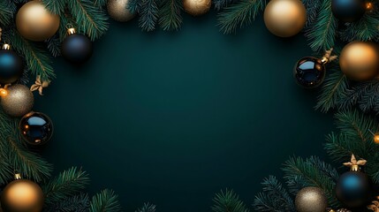 A festive arrangement of ornaments and pine branches for decoration.