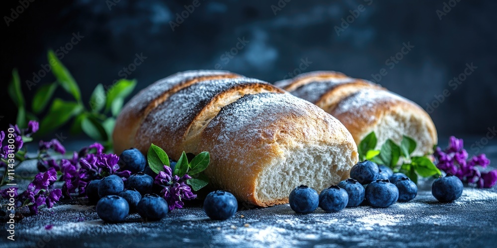 Poster freshly baked homemade bread displayed against a dark background, complemented by vibrant blueberrie
