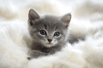 Gray kitten in a bed of fluffy white fur