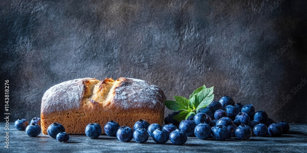 Poster freshly baked homemade bread displayed against a dark background, complemented by vibrant blueberrie