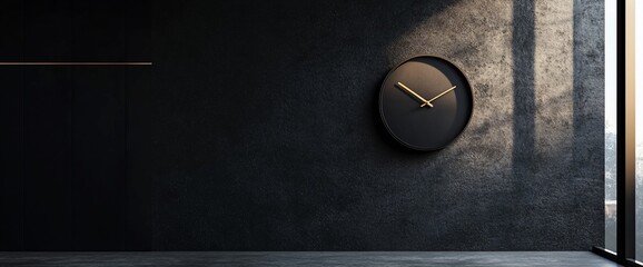 A minimalist clock on a textured wall, casting shadows in a modern space.