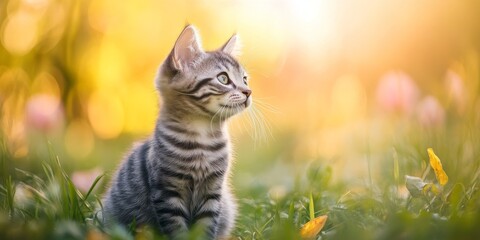 Obraz premium Beautiful gray tabby feline cat, a charming domestic animal, enjoying nature in a park setting. This delightful pet adds joy to summer days with its playful presence among the bokeh background.