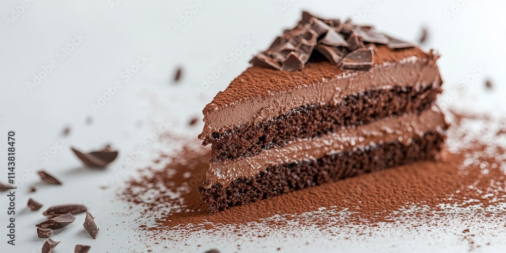 Poster delicious chocolate cake adorned with rich icing and sprinkled with cocoa powder, beautifully presen