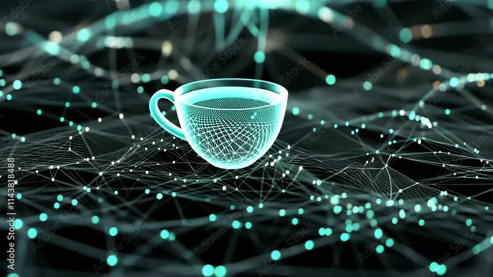Poster digital representation of a cup floating in a network of interconnected nodes and lines in a dark ba