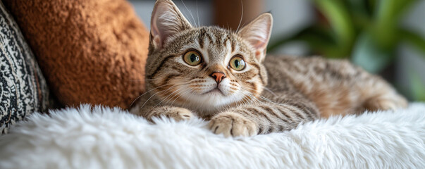Adorable cat on a fluffy, white cushion