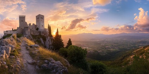 Obraz premium Panoramic view of a castle during a sunny summer evening, showcasing the beauty of the landscape and architecture, perfect for those seeking a stunning castle panorama.