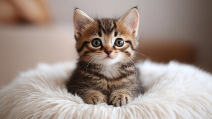 Fototapeta premium Adorable kitten on a fluffy, white cushion
