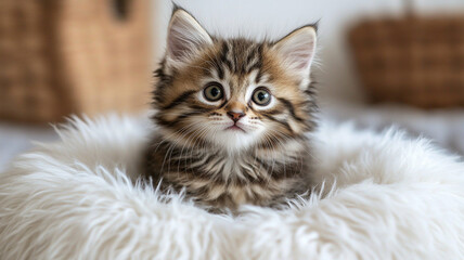 Adorable kitten on a fluffy, white cushion