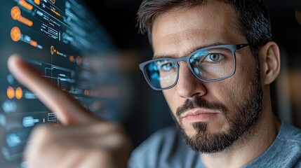 Close up portrait of a focused serious looking programmer or software engineer analysing digital information and data on a futuristic high tech computer interface  Concept of technology innovation