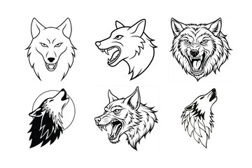 Set of Hand-Drawn Wolf Head Illustrations in Black and White
