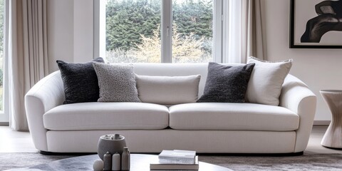 Fototapeta premium Panorama of a cozy white double sofa in a contemporary living room setting, showcasing the elegance and comfort of the white double sofa as a central feature of the room s design.