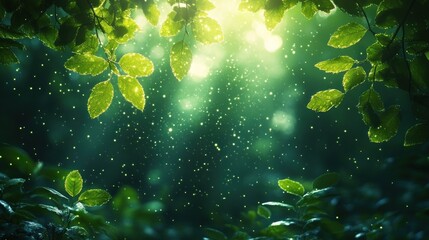 Sunlit green leaves and bokeh in forest.