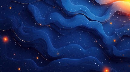 A mesmerizing abstract design featuring flowing blue waves interspersed with twinkling stars, evoking a serene cosmic atmosphere.