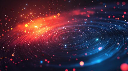 A vibrant cosmic swirl of blue and red hues, filled with luminous particles, representing the beauty and mystery of the universe.
