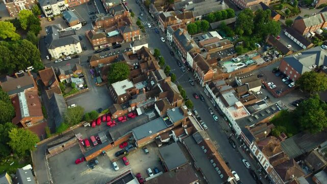 Smooth tilt drone movement of the Marlow's urban streets and environment, Buckinghamshire, England.