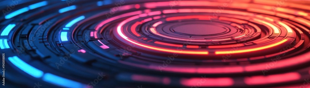 Poster a vibrant, abstract design featuring concentric circles in blue and red hues, creating a futuristic 