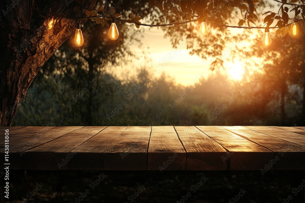 Poster evening sunlight illuminating a wooden table surrounded by trees and string lights
