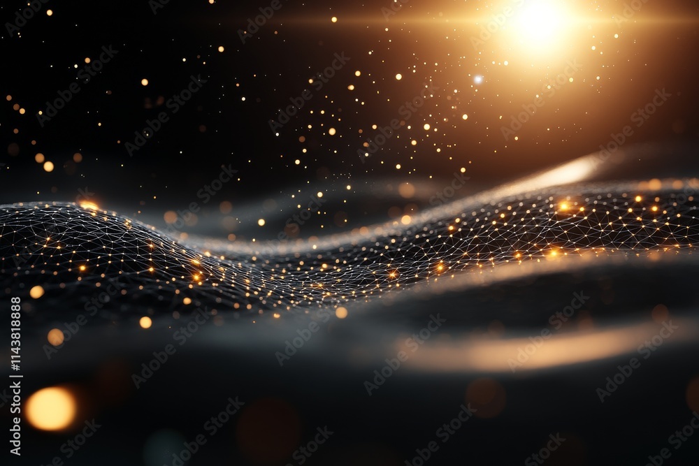 Aufkleber sparkling digital landscape with glowing particles and flowing waves in a dark setting at sunset