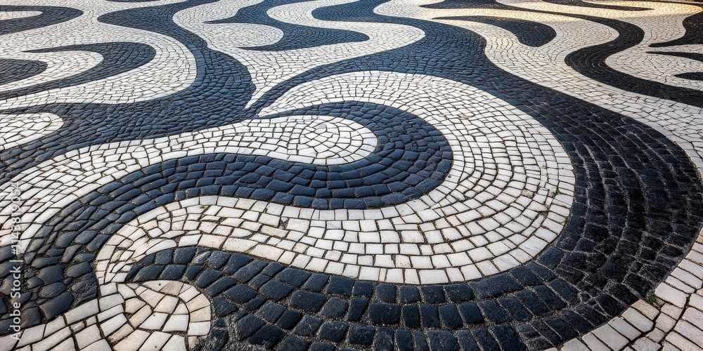 Aufkleber black and white wave patterns create a stunning visual in portuguese pavement, showcasing the unique