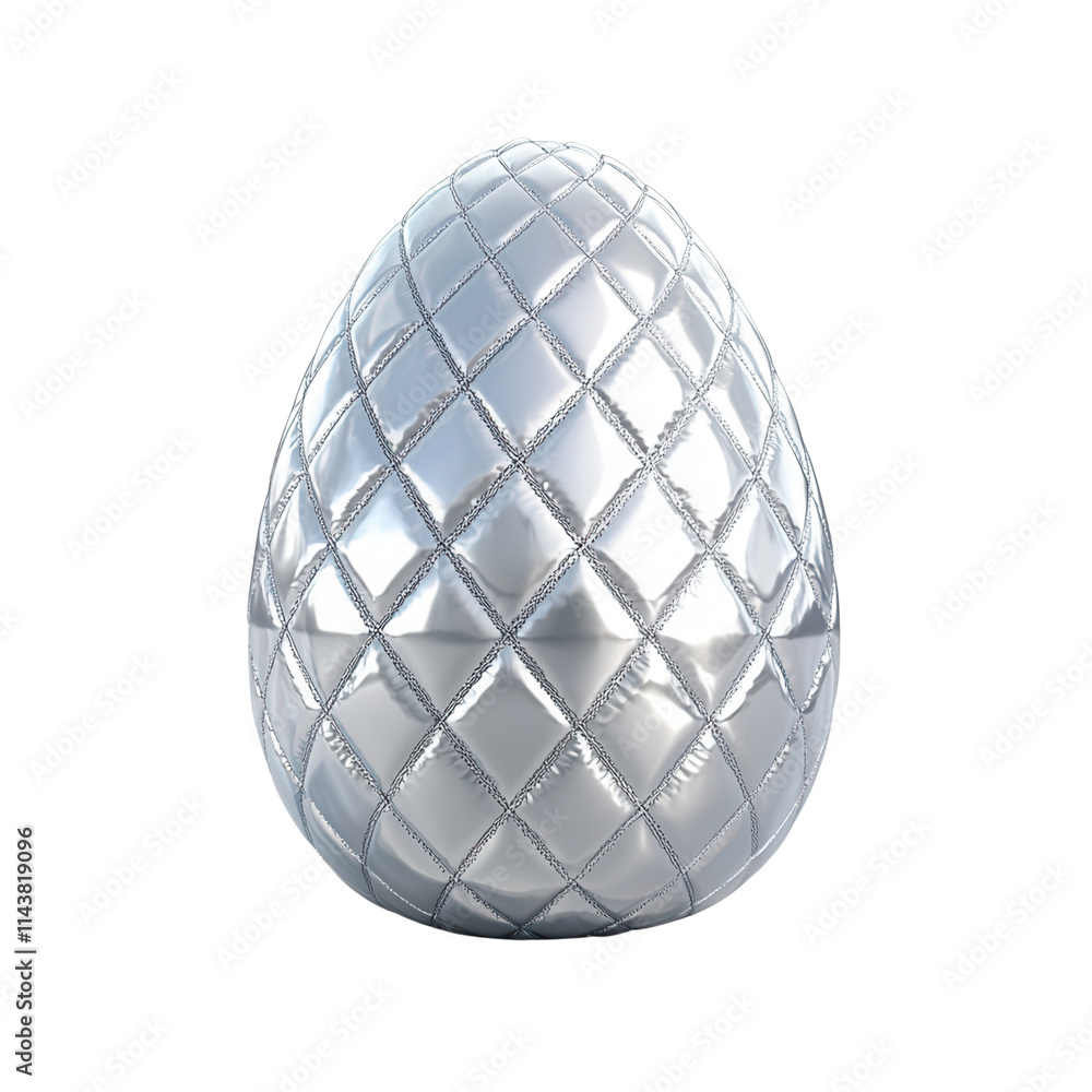 Poster a shiny, silver egg-shaped object with a quilted pattern, reflecting light in a visually striking ma