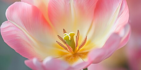 Fototapeta premium Close up view of a single pink and yellow tulip showcasing the vibrant colors and delicate details of the tulip bloom, emphasizing the unique beauty of this stunning tulip.