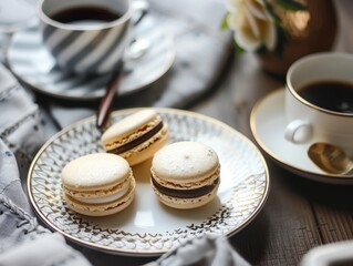 Plates with macarons and a cup of coffee on a table, depicting sophistication and a festive breakfast, soft natural light.