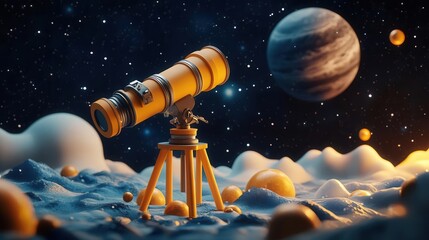Naklejka premium A telescope gazes at a vibrant space scene, featuring planets and celestial bodies amidst a colorful cosmic backdrop.