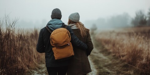 Young couple enjoying a cold, bleak day while walking in a winter countryside, embracing the serene beauty of winter countryside during their outdoor adventure together.