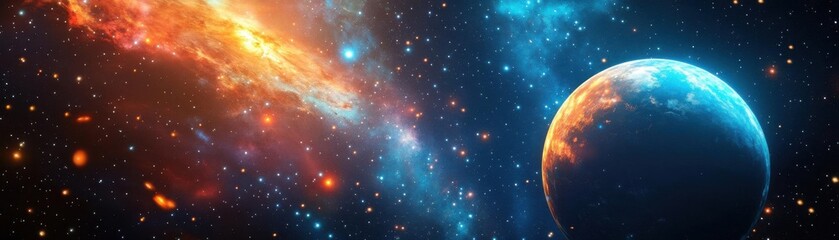 Fototapeta premium A stunning cosmic scene featuring a vibrant galaxy with swirling colors and a glowing planet against a starry backdrop.