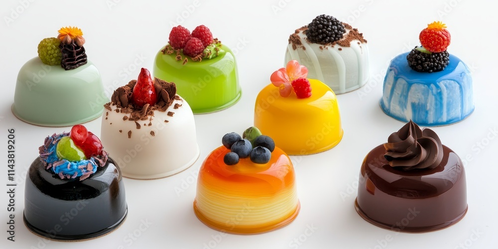 Poster Artfully crafted glazed mousse cakes in an array of unique designs showcased on a clean white background. These glazed mousse cakes delight with their colorful presentation and textures.
