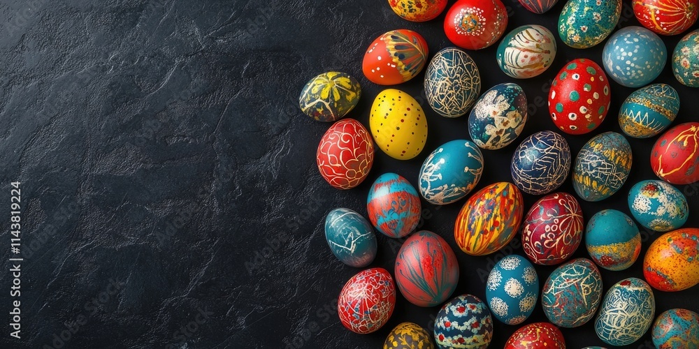 Poster easter eggs beautifully arranged in a flat lay on a rustic black background, showcasing the vibrant 